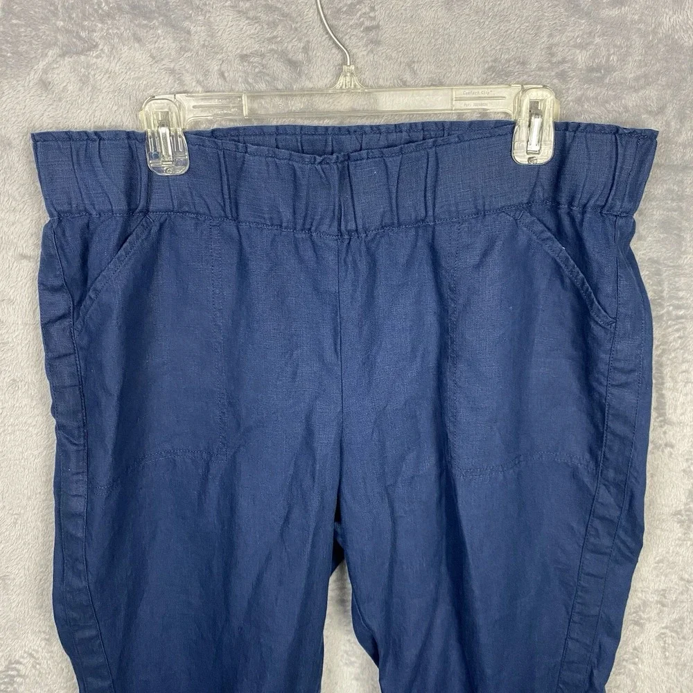 J JILL Pure 100% Linen Pull On Pants Cropped Blue Ankle Toggle Large Coastal
